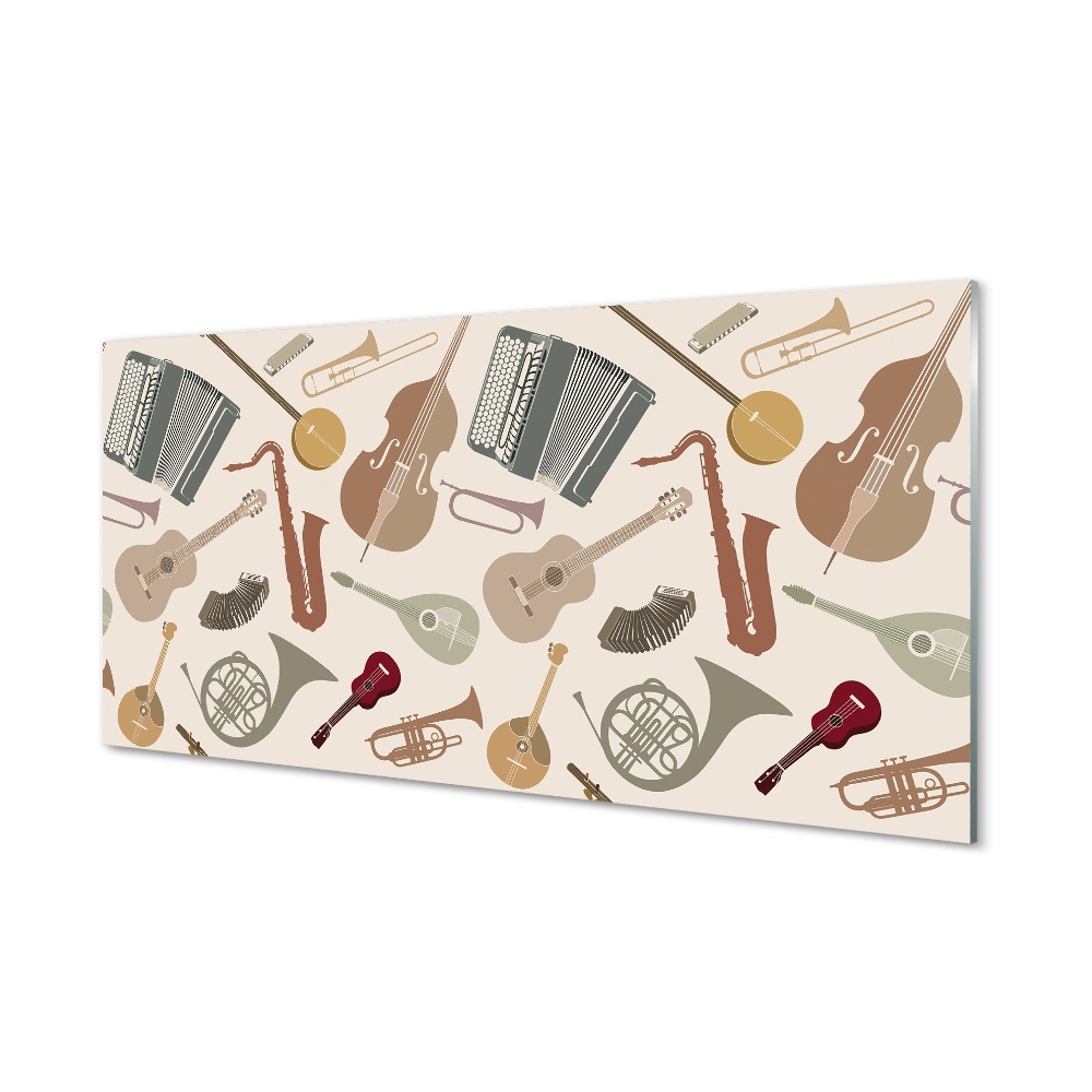 Tablou printat pe sticlă Model Ukulele Cu Trompetă Vioară