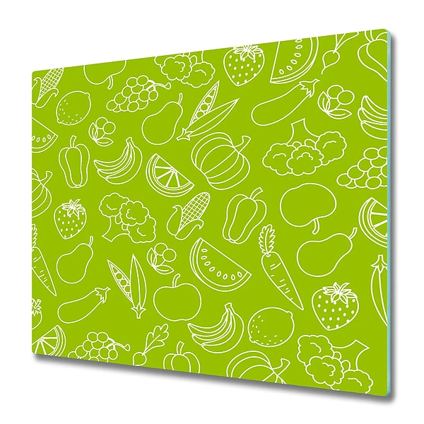Tocător din sticlă Model de fructe și legume pe fond verde