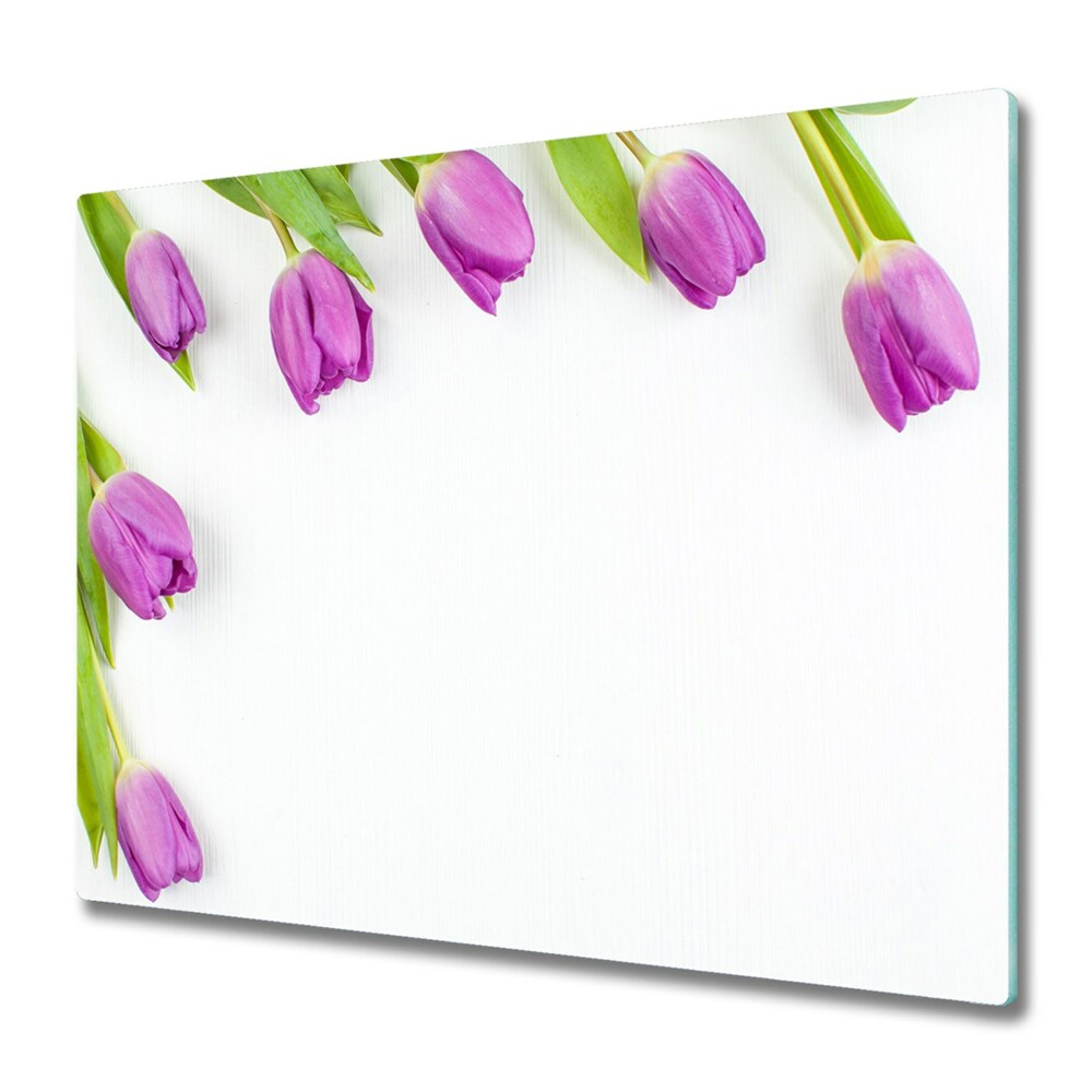 Tocător din sticlă Lalele purpurii pe un fundal alb