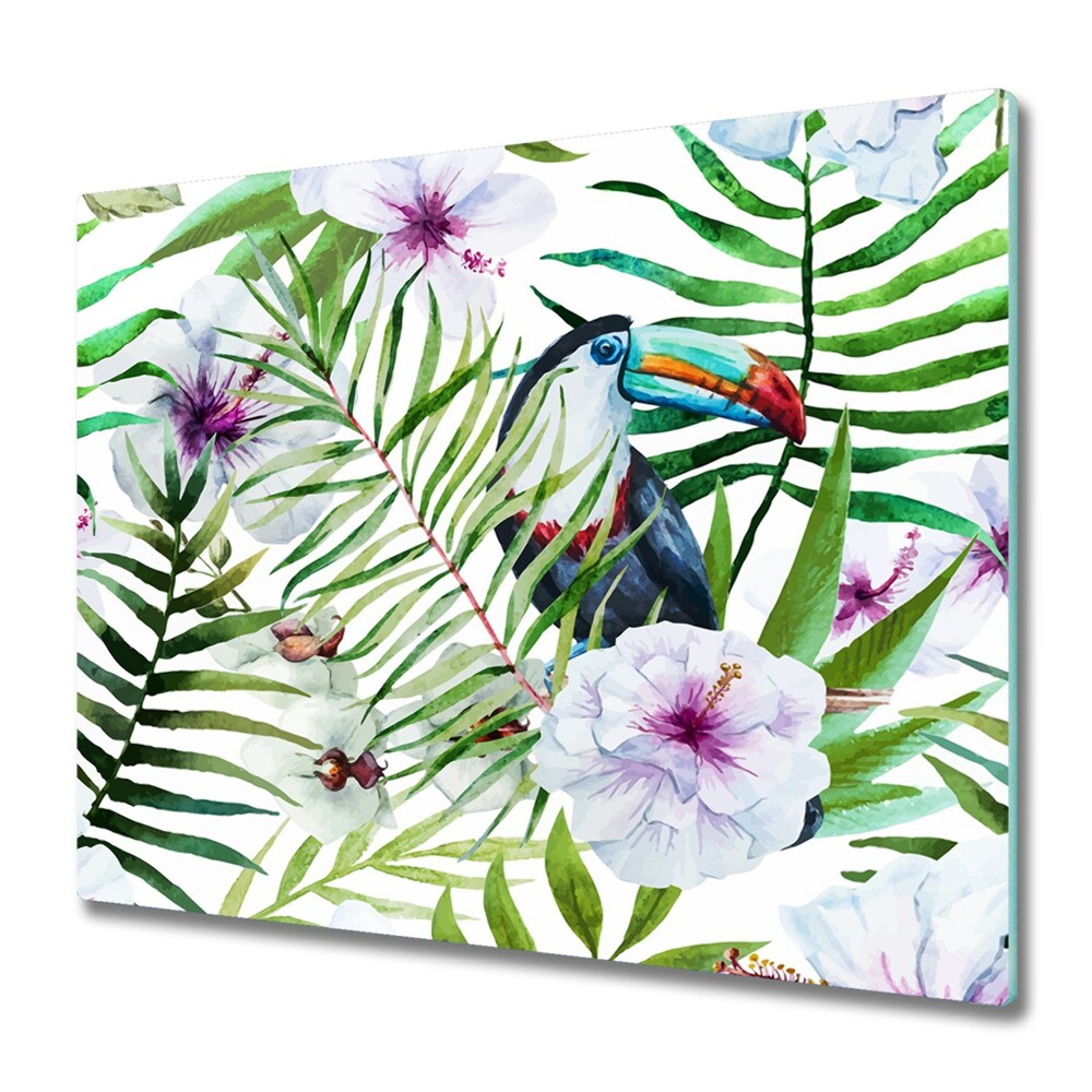Tocător sticlă Toucan și frunze tropicale