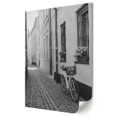 Poster de perete alb-negru cu stradă liniștită și bicicletă