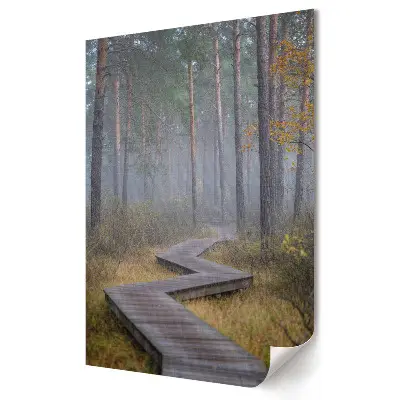 Tablou canvas cu grafică murală reprezentând curbele unei cărări într-o pădure învăluită în ceață