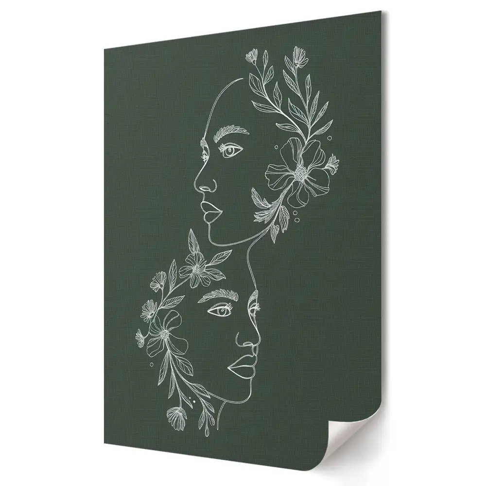 Poster decorativ cu portrete florale pe fundal verde