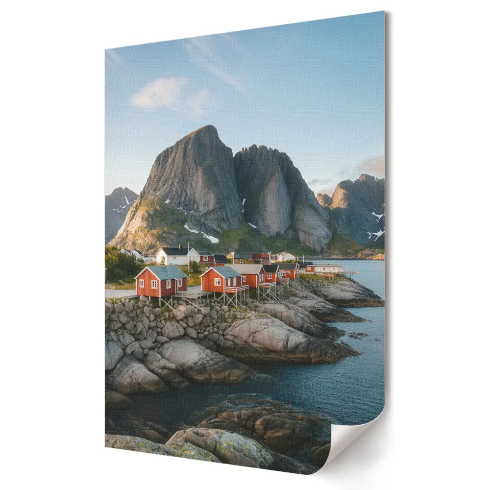 Tablou canvas cu peisaj montan și căsuțe pitorești lângă fiord