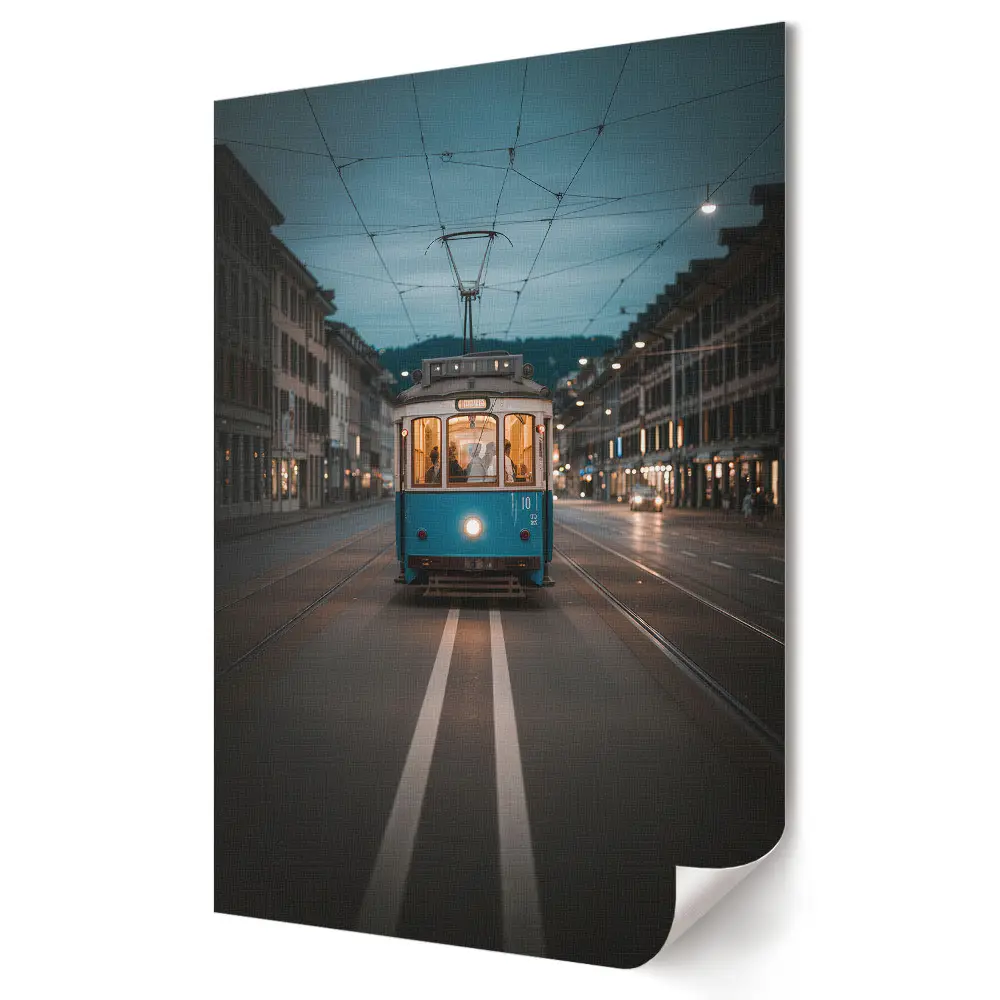 Tablou canvas cu peisaj urban și tramvai de noapte