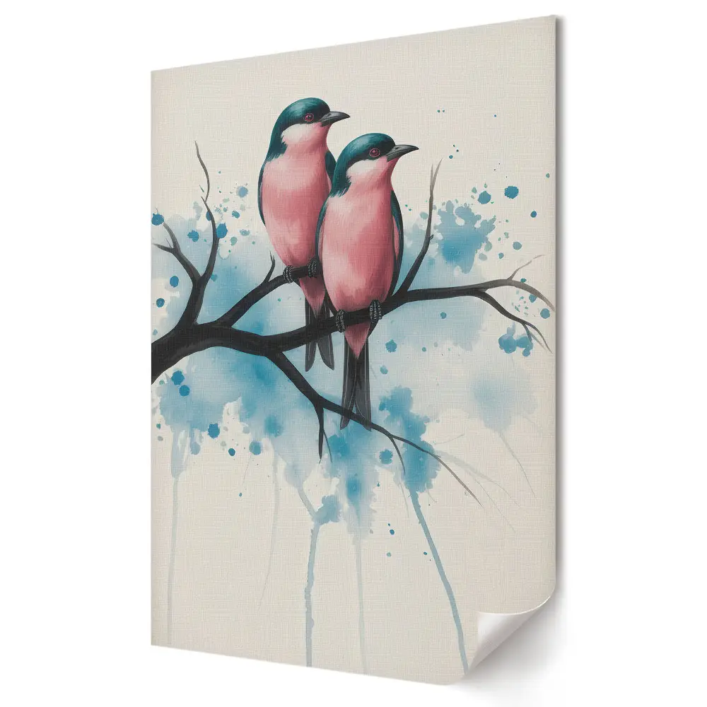 Tablou canvas cu grafică murală reprezentând păsări colorate pe o creangă