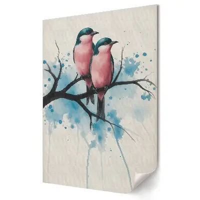 Tablou canvas cu grafică murală reprezentând păsări colorate pe o creangă