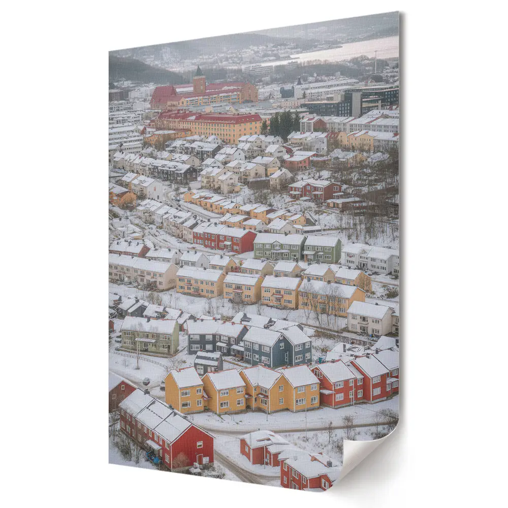 Tablou canvas Peisaj de iarnă cu căsuțe colorate