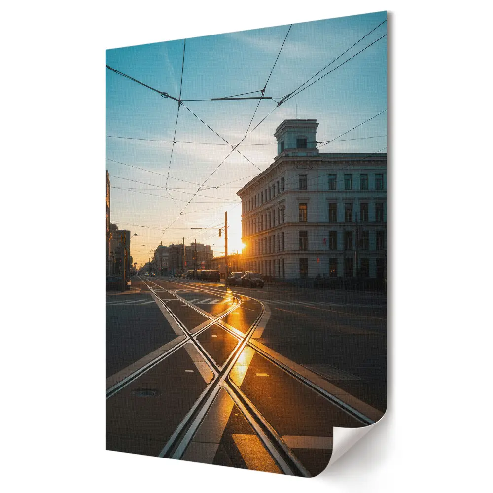 Poster de perete cu apus de soare peste șinele de tramvai
