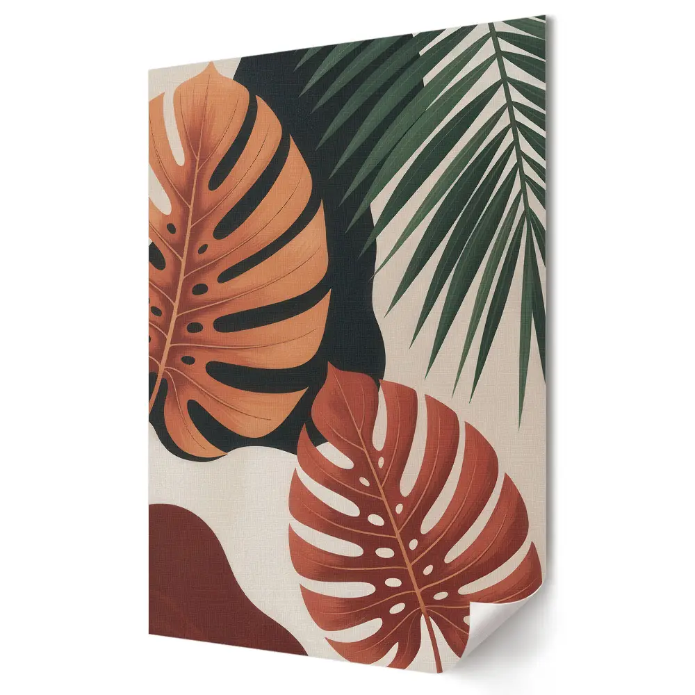 Tablou canvas cu grafică murală reprezentând frunze tropicale în stil modern