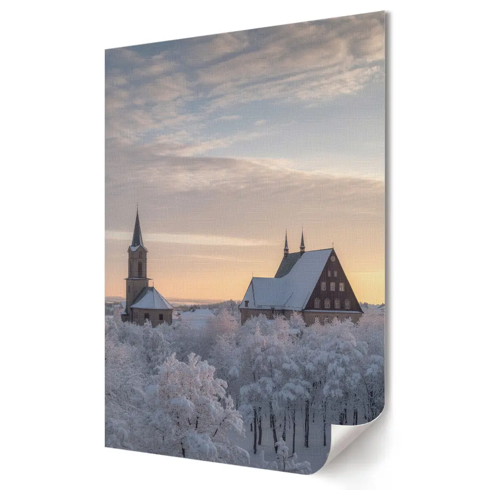 Poster de perete Dimineață de iarnă deasupra templului din pădure