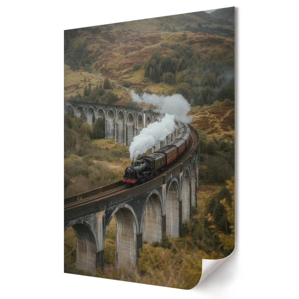 Tablou canvas cu grafică murală reprezentând o călătorie magică cu trenul prin munți