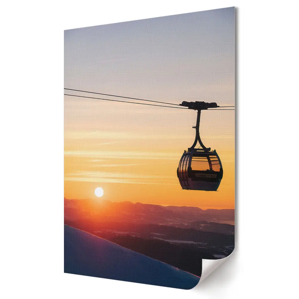 Poster decorativ cu apus de soare și telecabină montană