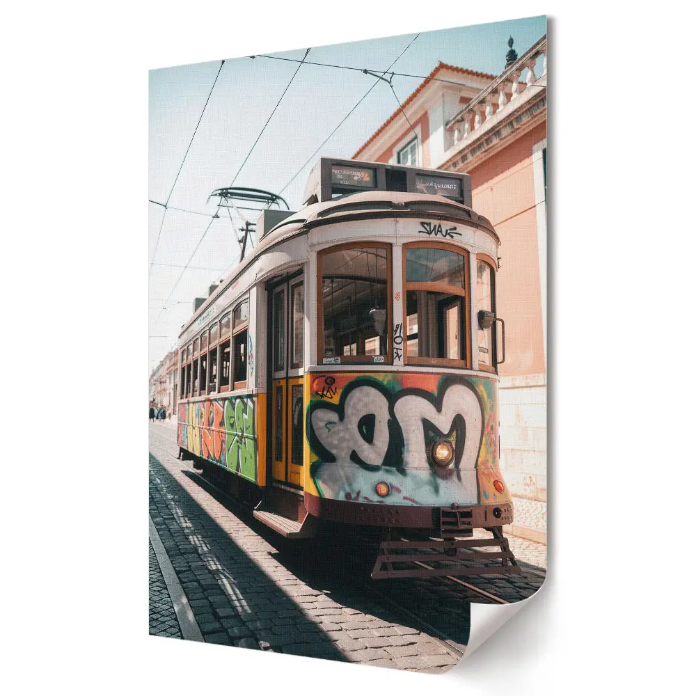 Poster de perete cu un tramvai elegant decorat cu graffiti în oraș