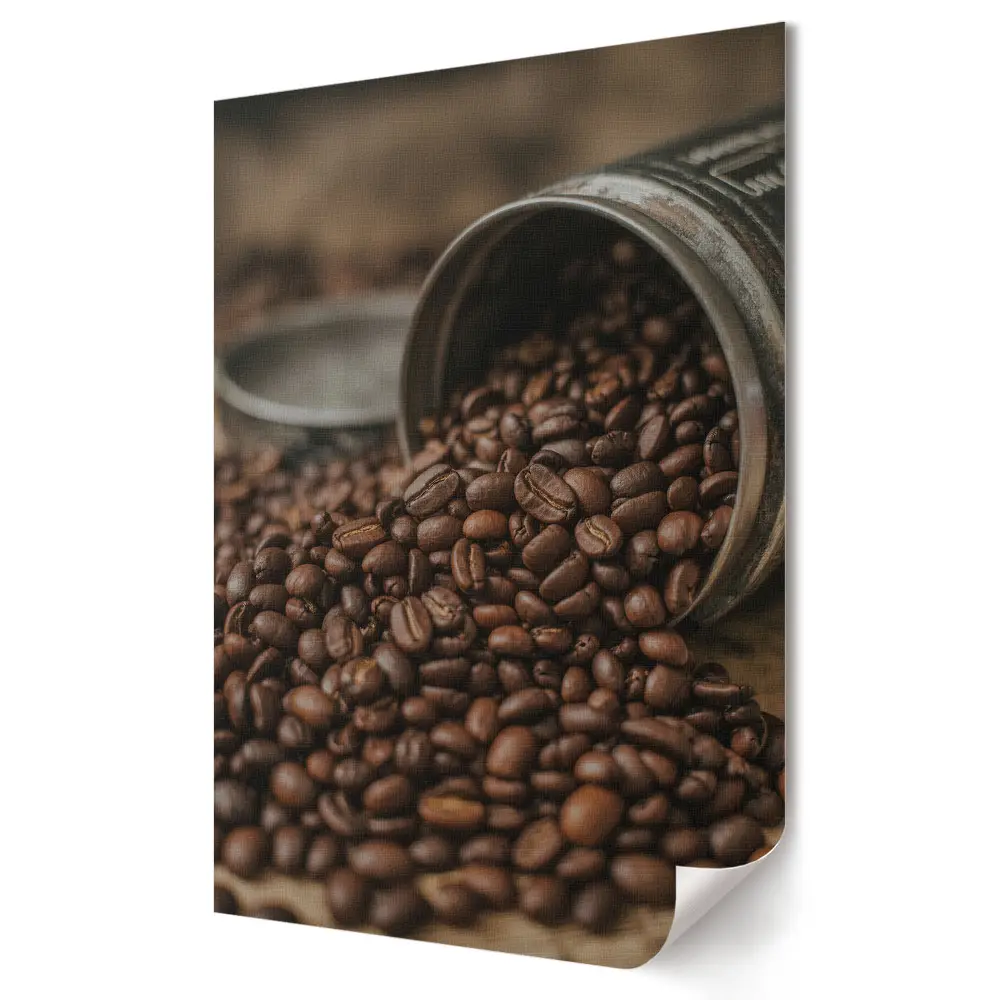 Tablou canvas cu grafică murală reprezentând boabe de cafea într-o cutie elegantă