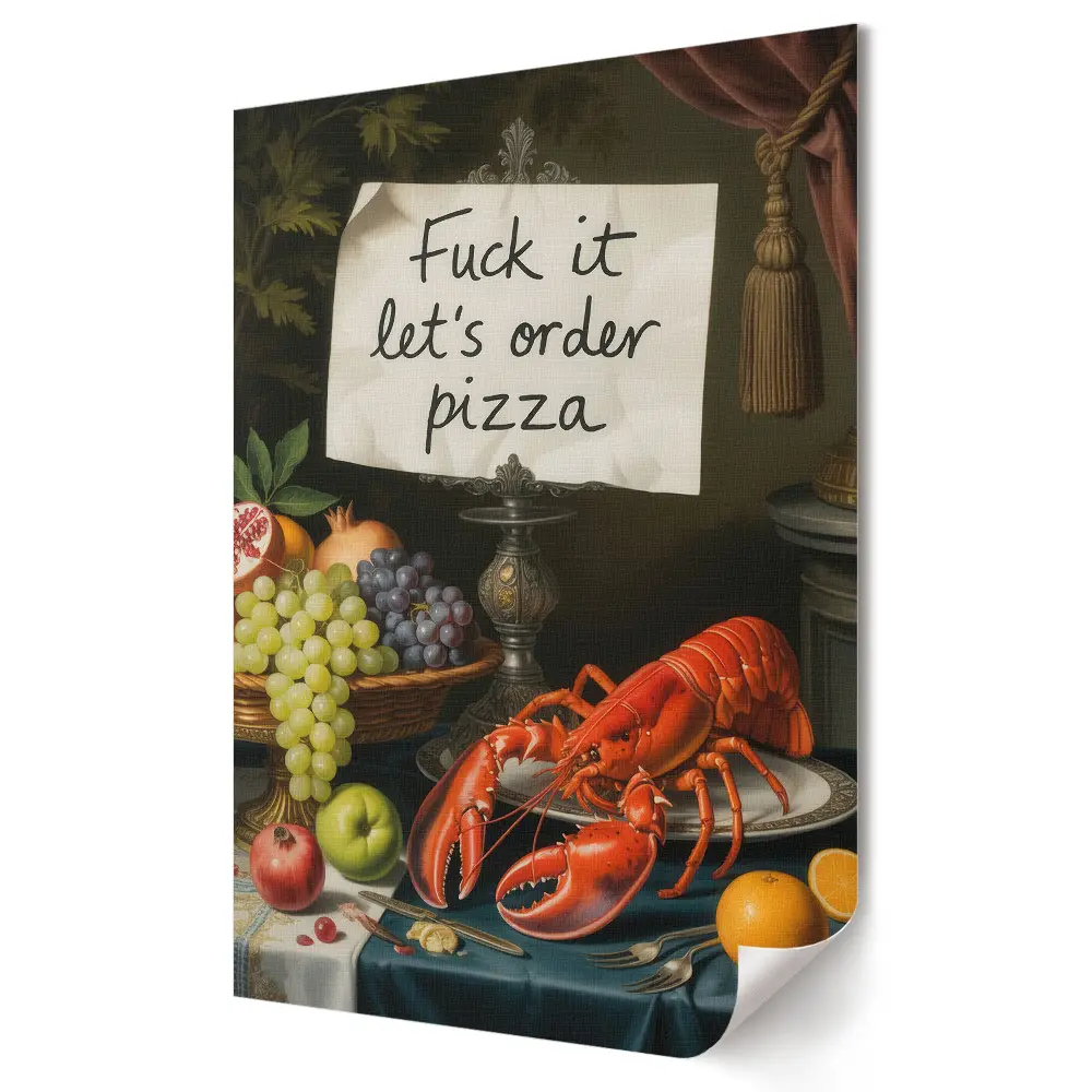 Tablou canvas cu grafică reprezentând creveți pe masă și pizza