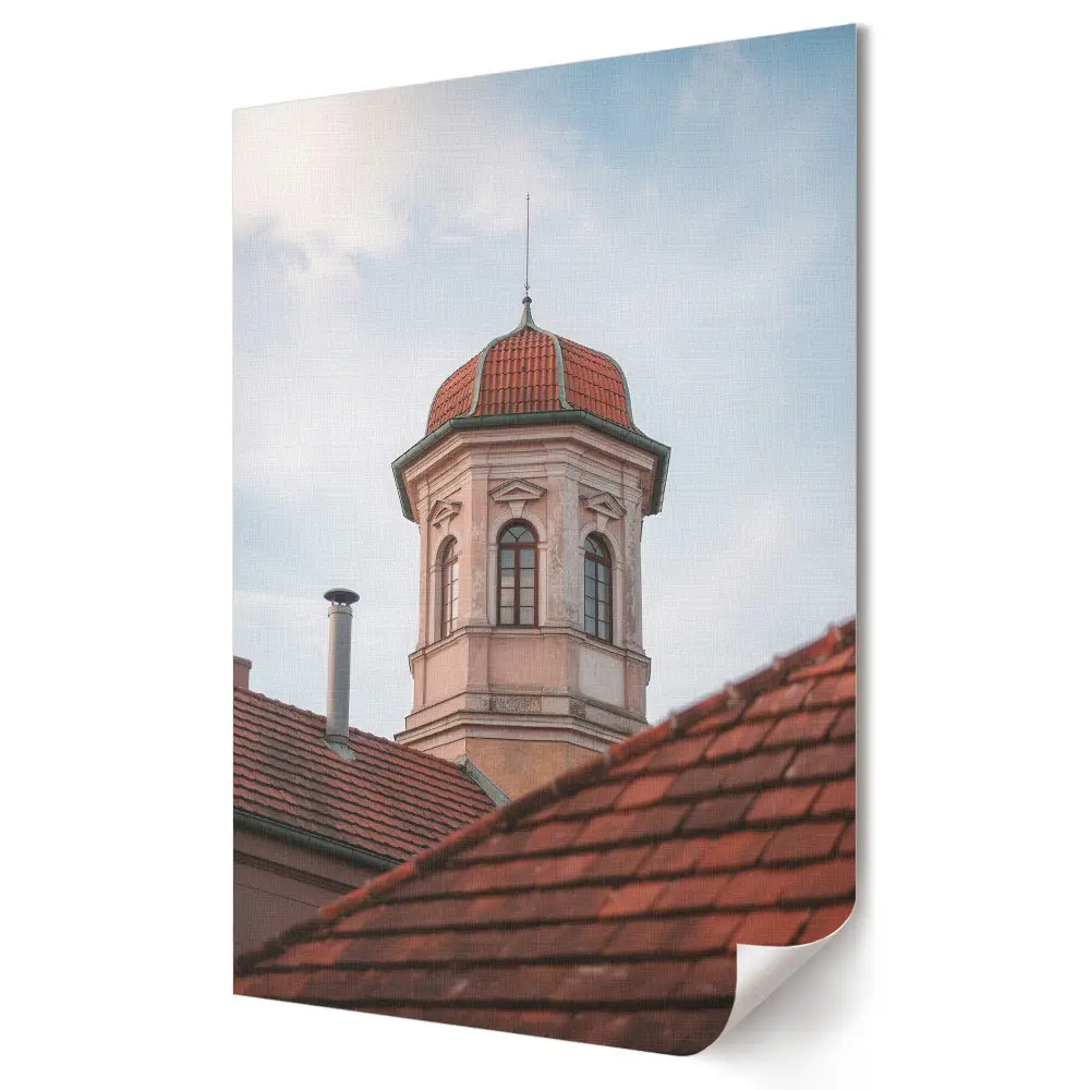 Poster decorativ cu turn istoric deasupra acoperișurilor orașului