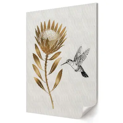 Poster de perete cu flori aurii și colibri în zbor