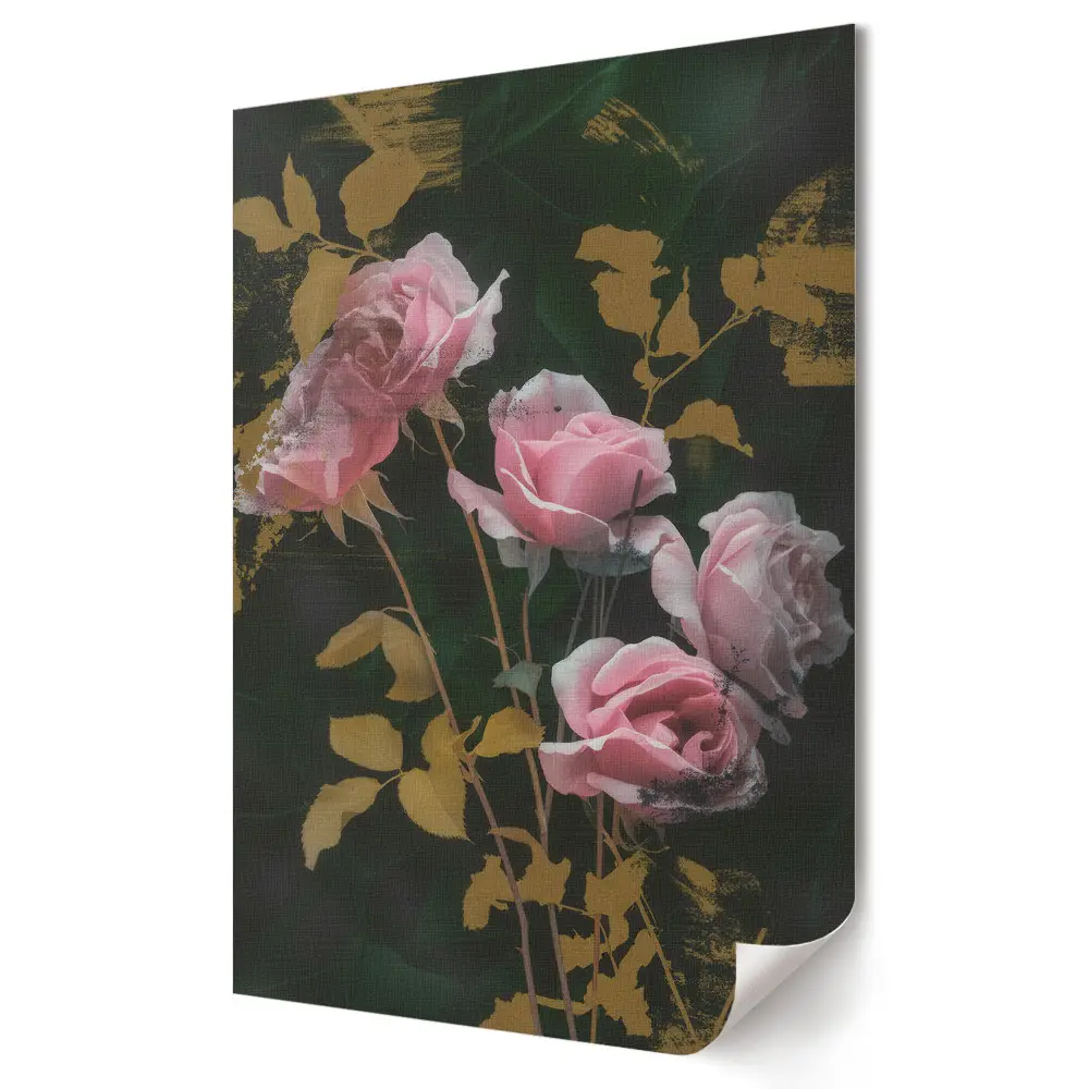 Tablou canvas cu trandafiri pe fundal cu frunze aurii