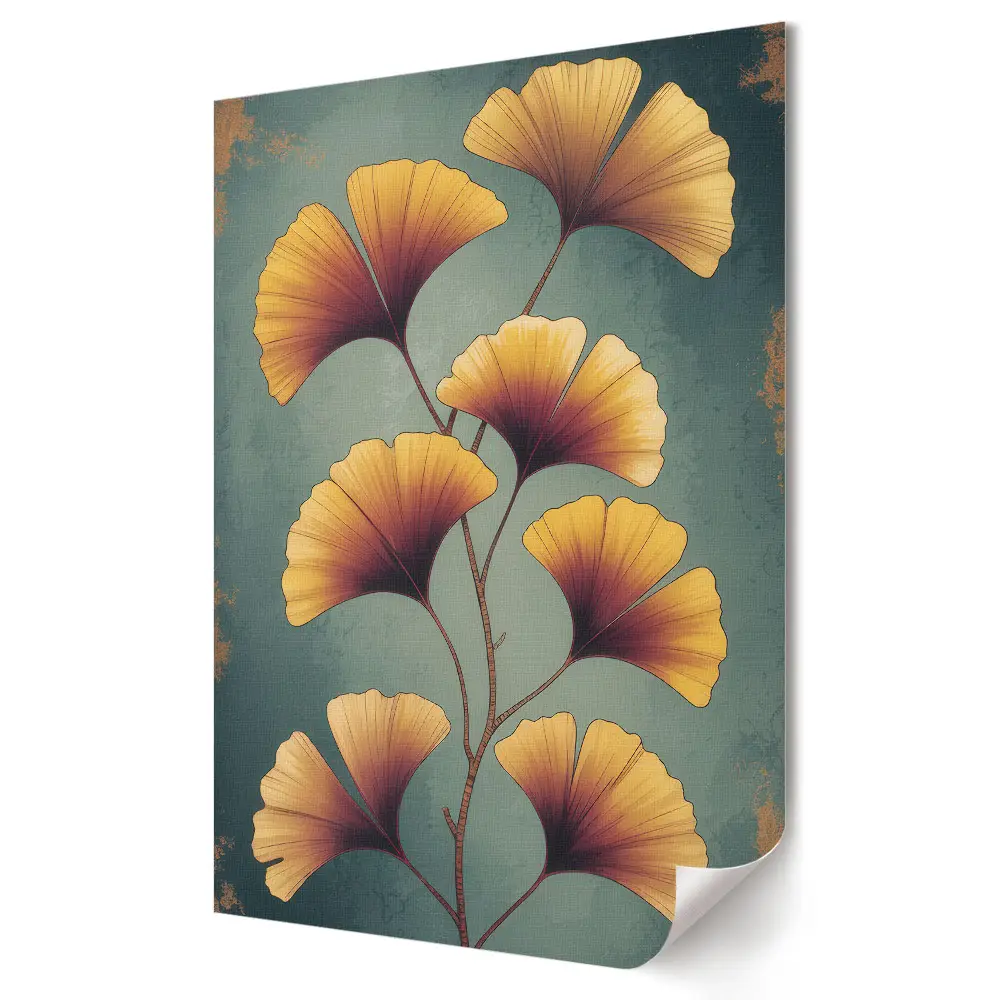 Poster decorativ cu frunze aurii pe fundal verde