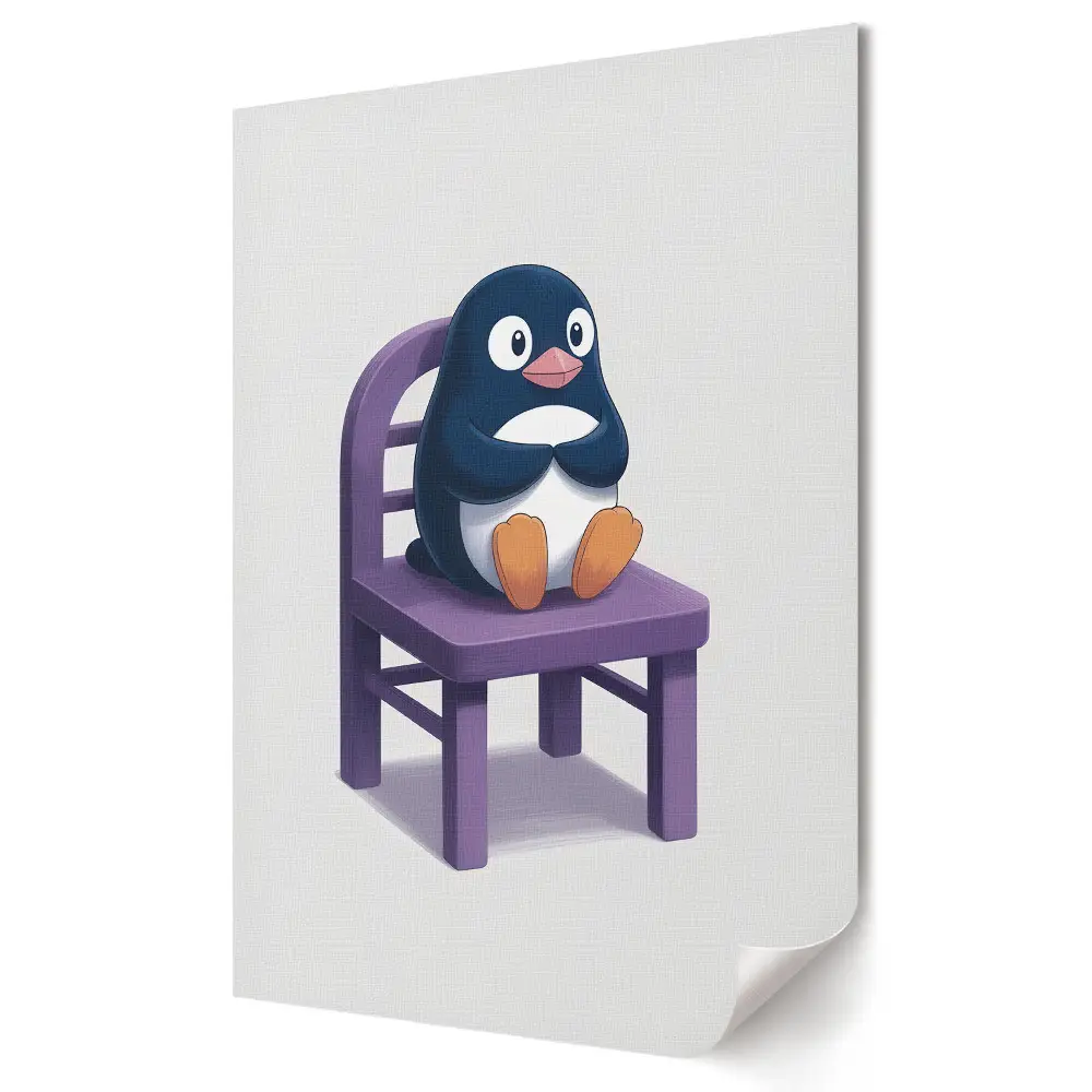 Poster de perete cu pinguin așezat pe un scaun violet
