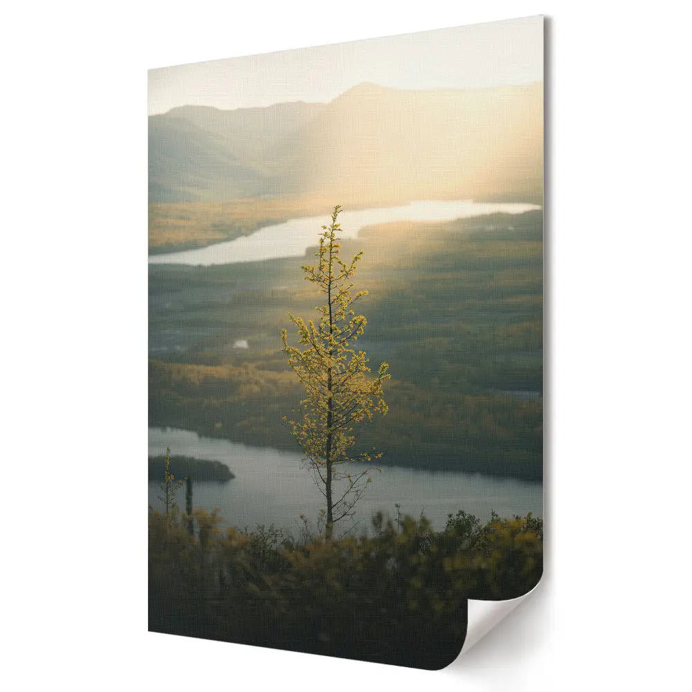 Poster de perete cu peisaj reprezentând lumină aurie peste un lac liniștit