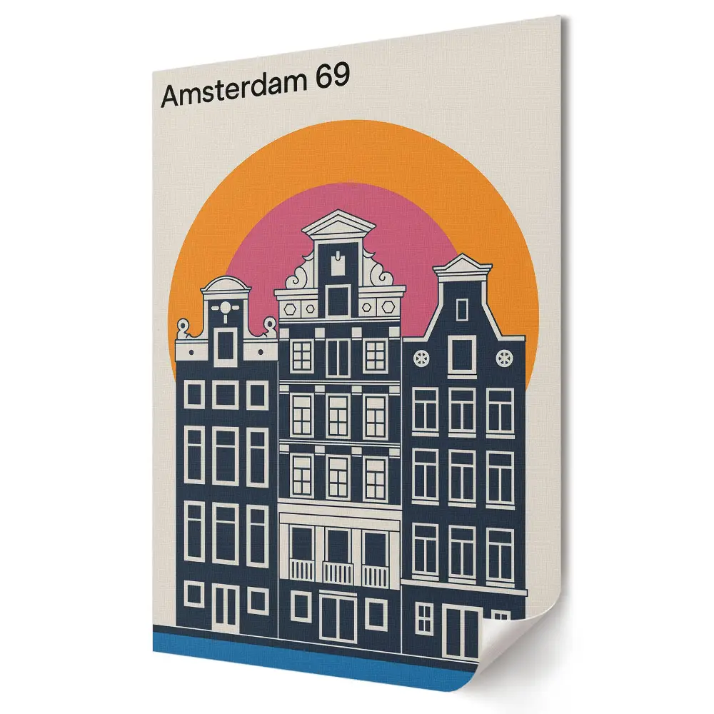 Tablou canvas cu grafică murală reprezentând casele retro din Amsterdam