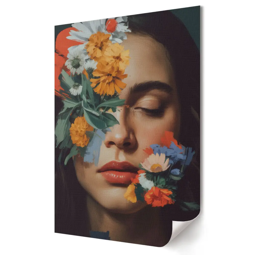 Tablou canvas cu grafică florală și chip de femeie