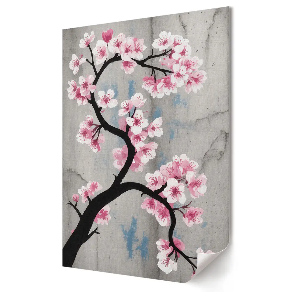 Tablou canvas cu grafică murală cu flori de cireș pe fundal gri