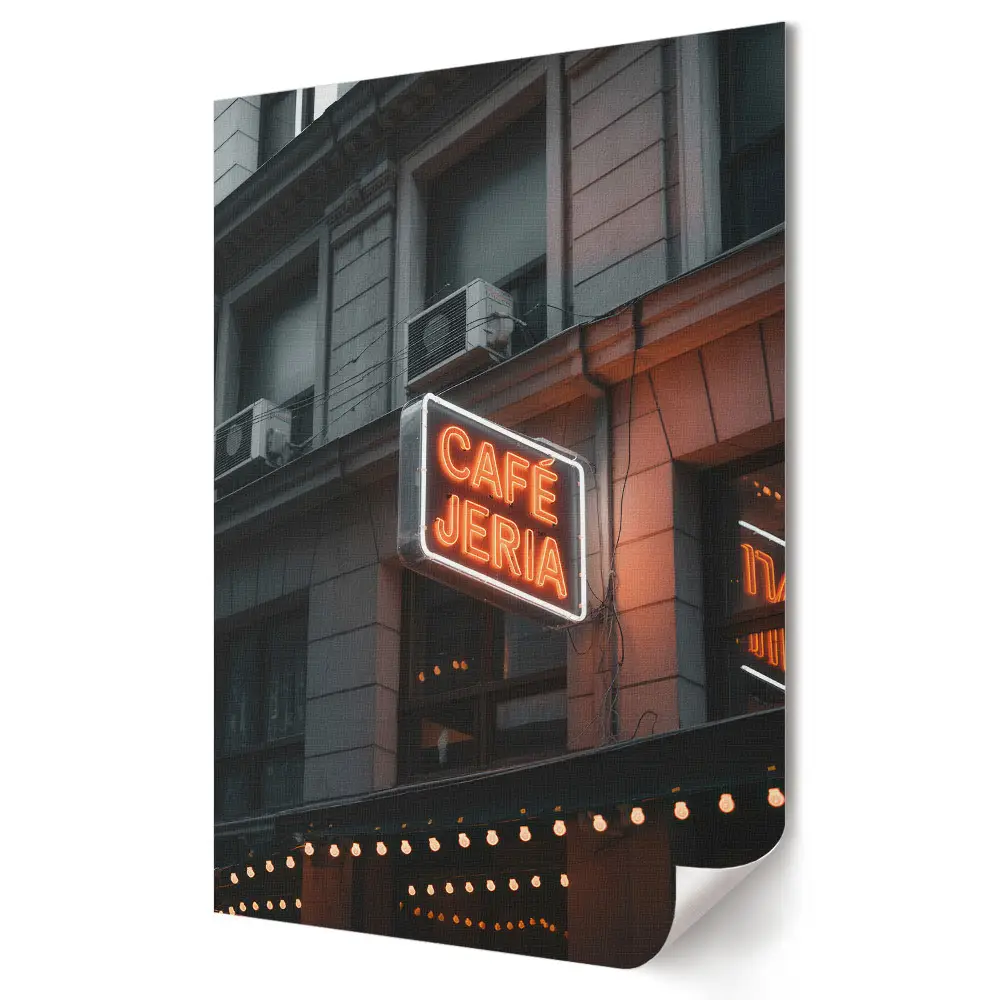 Poster decorativ cu cafenea stradală și reclame luminoase neon
