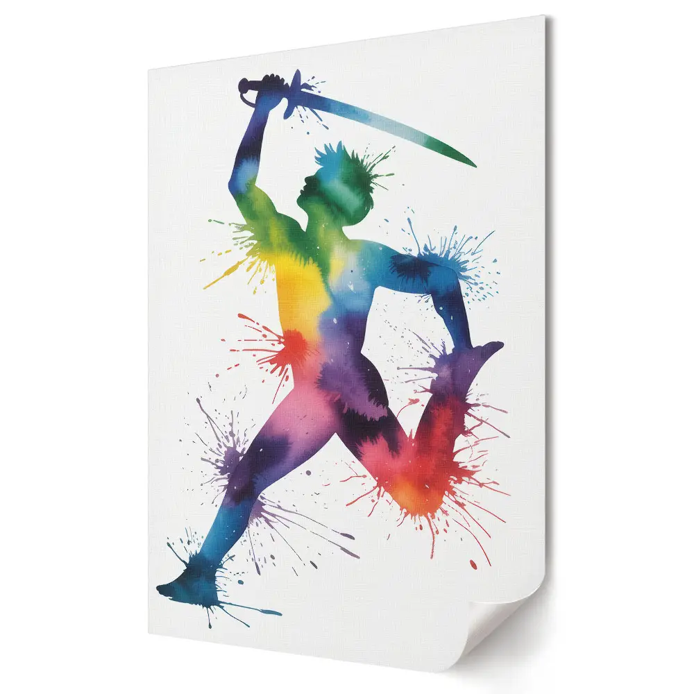 Tablou canvas cu grafică murală reprezentând un războinic colorat în mișcare