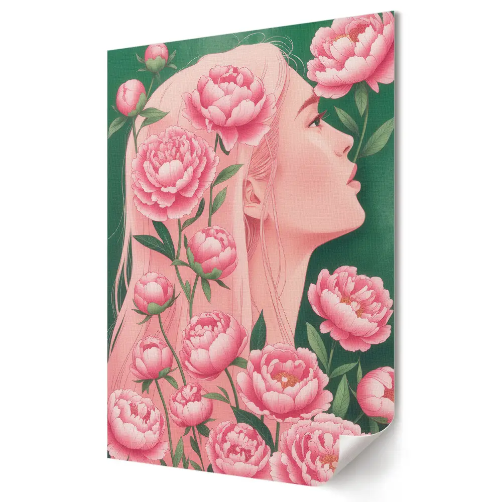 Tablou canvas Femeie printre bujori roz