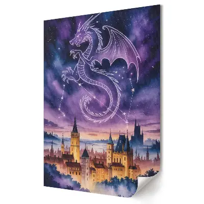 Tablou canvas reprezentând un dragon deasupra unui oraș magic pe timp de noapte