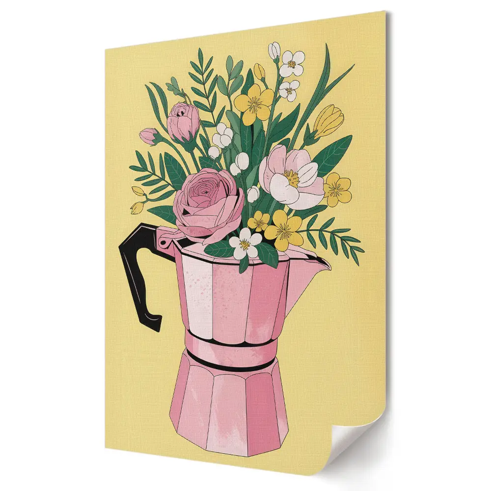 Tablou canvas cu grafică murală Flori într-o cafetieră roz