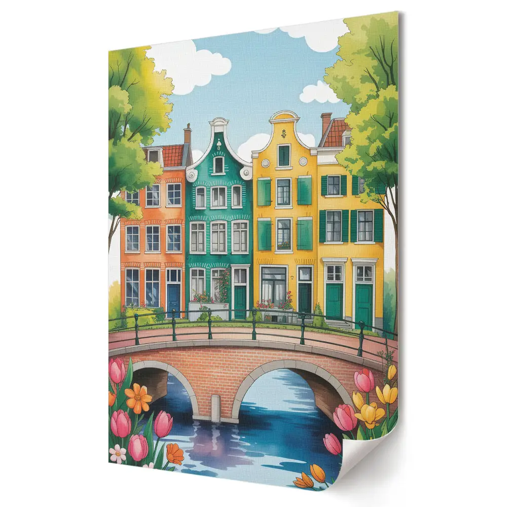 Tablou canvas cu case colorate pe malul canalului