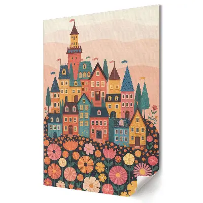 Tablou canvas cu peisaj de sat colorat printre flori