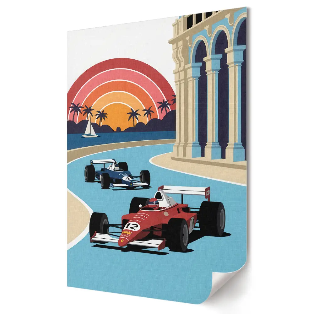 Tablou canvas cu grafică murală reprezentând emoția curselor într-un peisaj tropical
