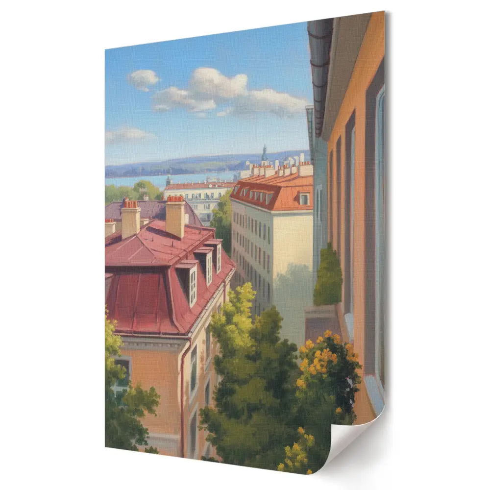 Poster decorativ cu vedere de la fereastră asupra unui oraș pitoresc