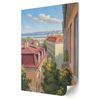 Poster decorativ cu vedere de la fereastră asupra unui oraș pitoresc