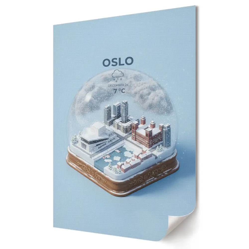 Poster decorativ cu peisaj de iarnă în glob de zăpadă cu orașul Oslo