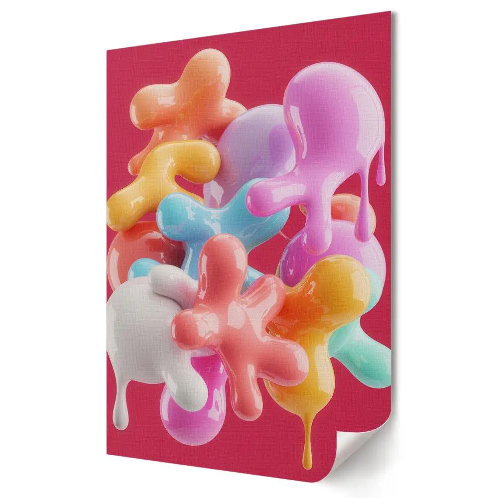 Tablou canvas cu grafică murală reprezentând picături colorate pe fundal roz