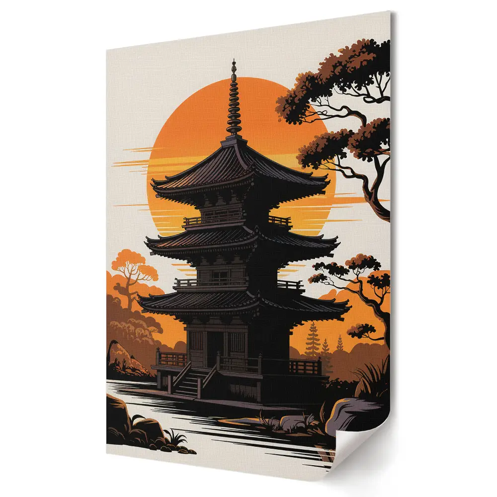 Poster decorativ cu pagodă japoneză la apusul soarelui