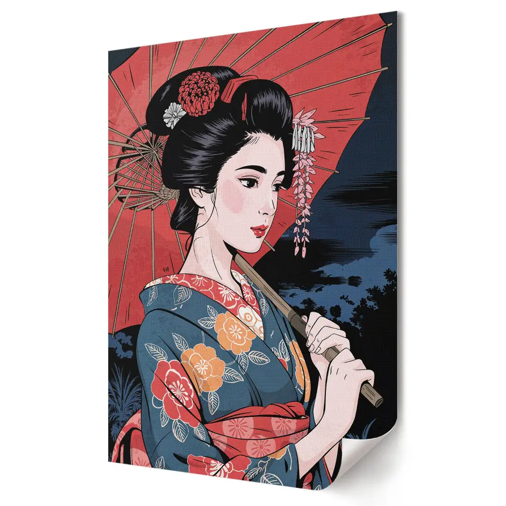 Poster decorativ Frumusețe japoneză cu umbrelă pe timp de noapte