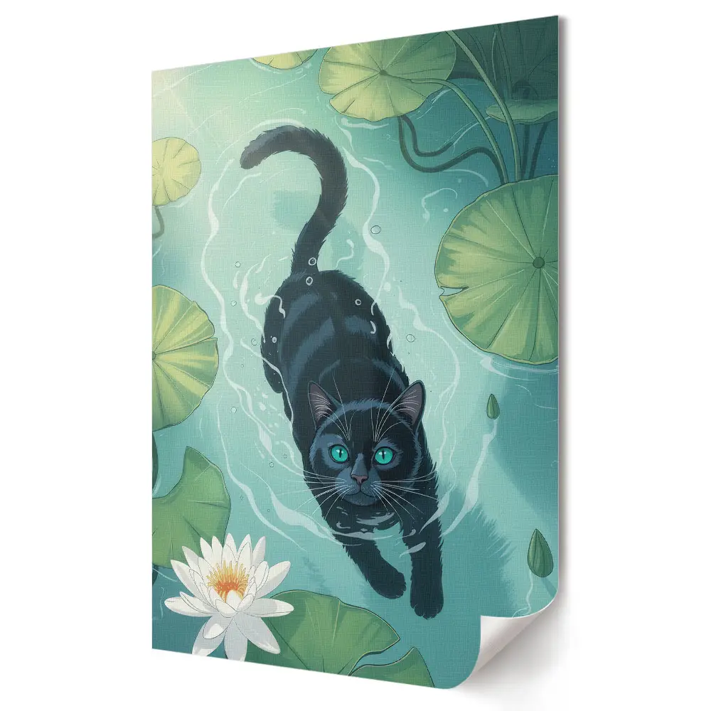 Tablou canvas cu grafică murală reprezentând o pisică într-un paradis acvatic cu crini