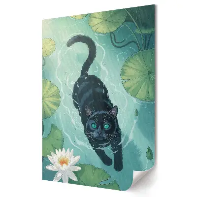 Tablou canvas cu grafică murală reprezentând o pisică într-un paradis acvatic cu crini