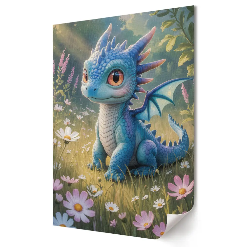 Poster de perete cu un dragon albastru fermecător printre flori