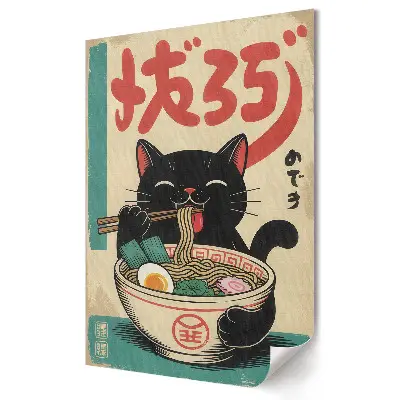 Poster de perete cu o pisică fericită mâncând ramen în Japonia