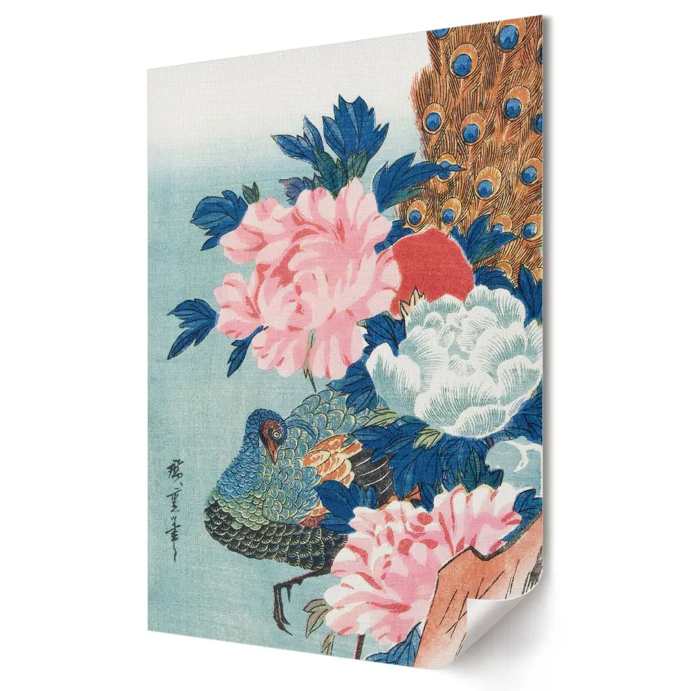 Tablou canvas cu peisaj floral și păun