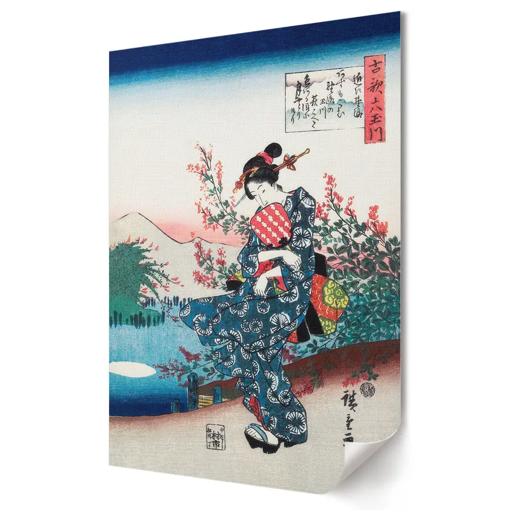 Tablou canvas reprezentând o femeie tradițională japoneză într-un peisaj