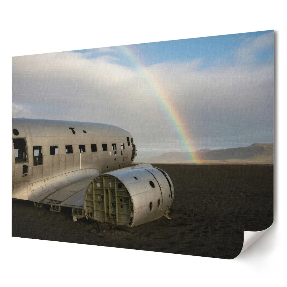 Tablou canvas modern cu un avion prăbușit sub un curcubeu